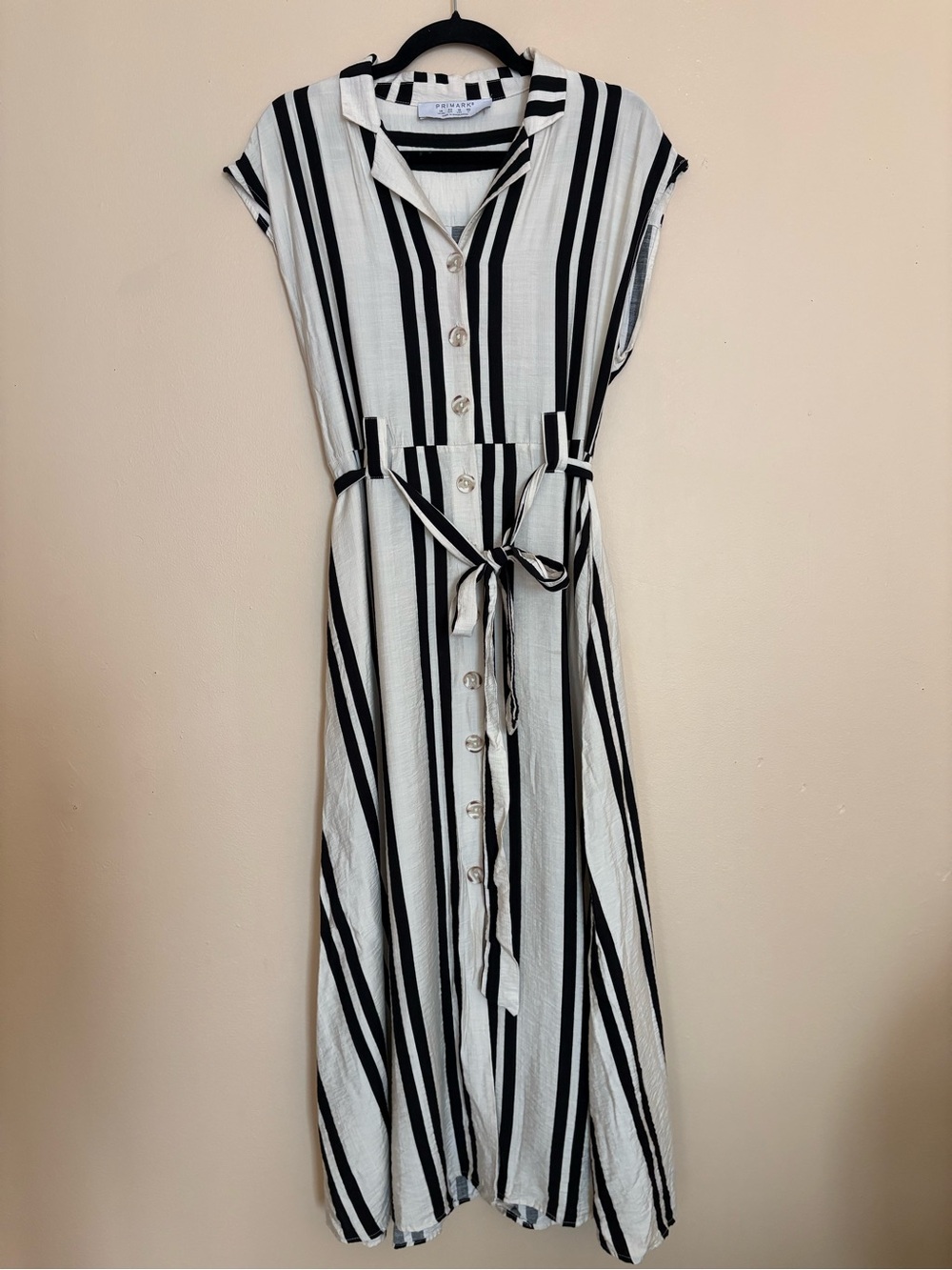 Primark Black White Vertical Stripe Button Front Belted Collared Maxi Dress